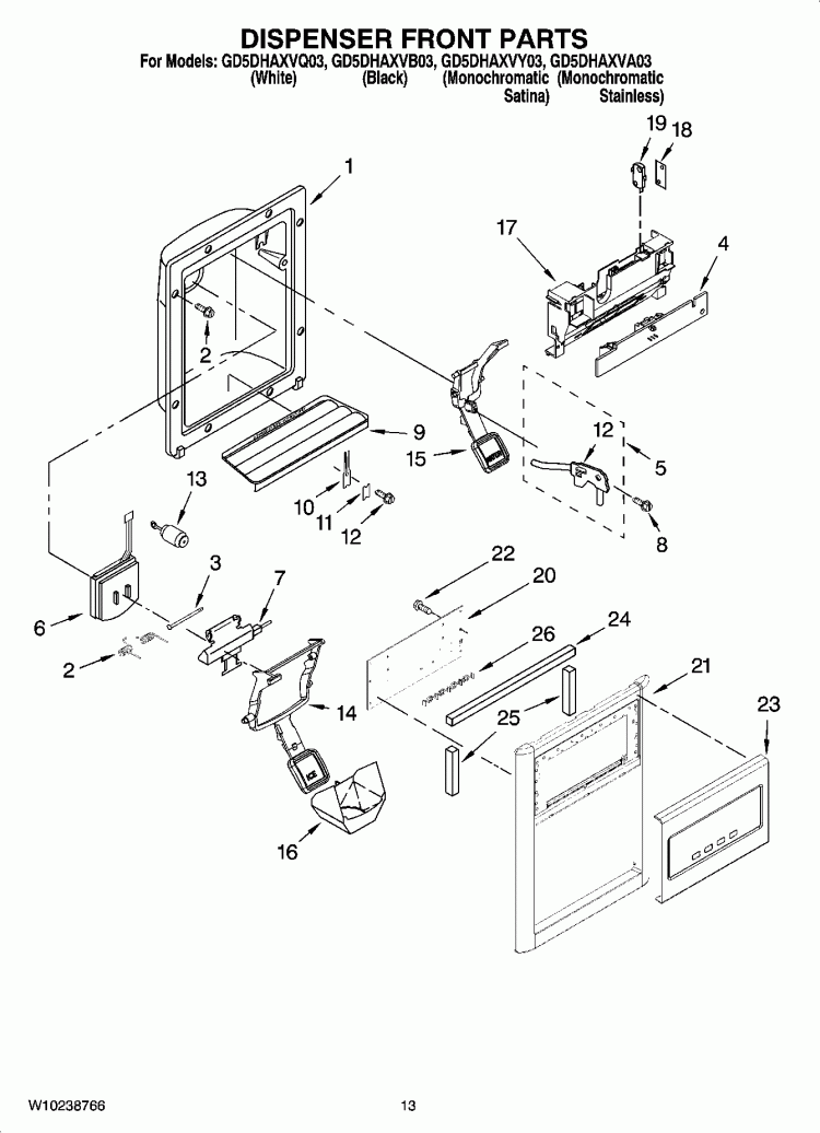 DISPENSER FRONT PARTS Diagram and Parts List for GD5DHAXVB03  Whirlpool Refrigerator
