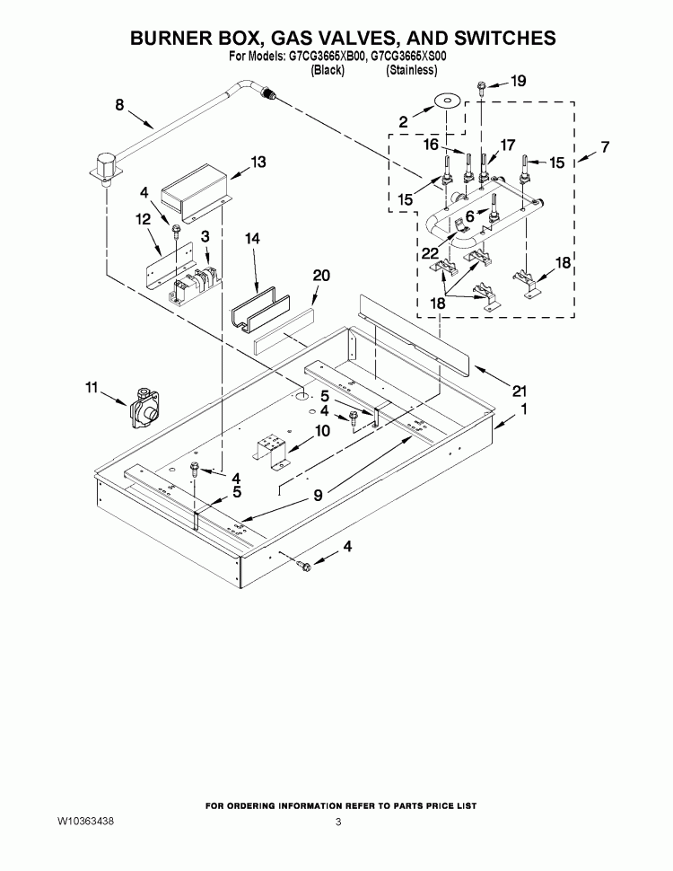 BURNER BOX, GAS VALVES, AND SWITCHES Diagram and Parts List for G7CG3665XS00  Whirlpool Cooktop