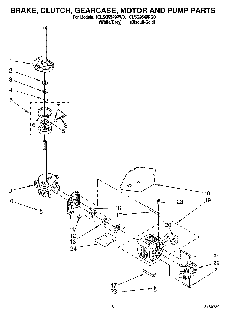 BRAKE, CLUTCH, GEARCASE, MOTOR AND PUMP PARTS Diagram and Parts List for 1CLSQ9549PW0  Whirlpool Washer