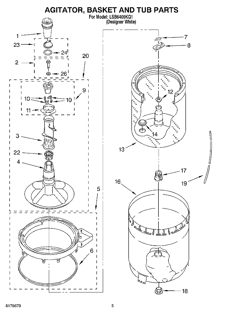 AGITATOR, BASKET AND TUB Diagram and Parts List for LSB6400KQ1  Whirlpool Washer
