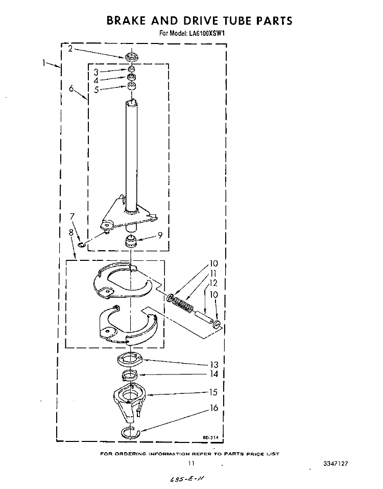 BRAKE AND DRIVE TUBE Diagram and Parts List for LA6100XSW1  Whirlpool Washer