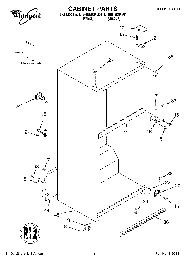 CABINET, LITERATURE Diagram and Parts List for ET8RHMXKT01  Whirlpool Refrigerator