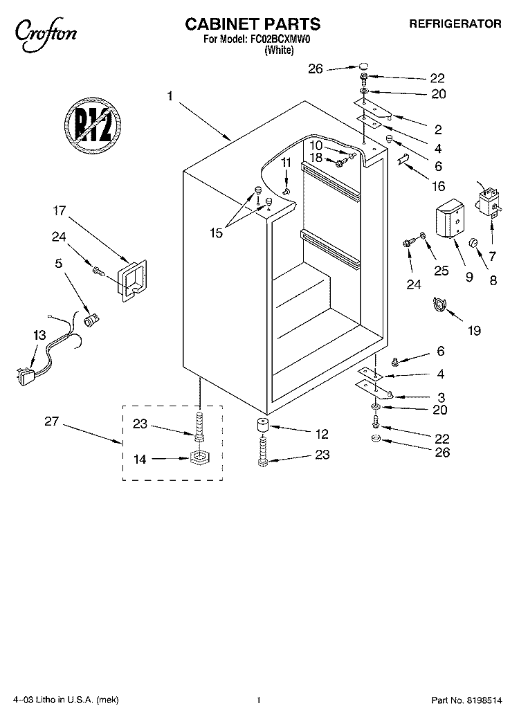 CABINET PARTS Diagram and Parts List for FC02BCXMW0  Whirlpool Refrigerator