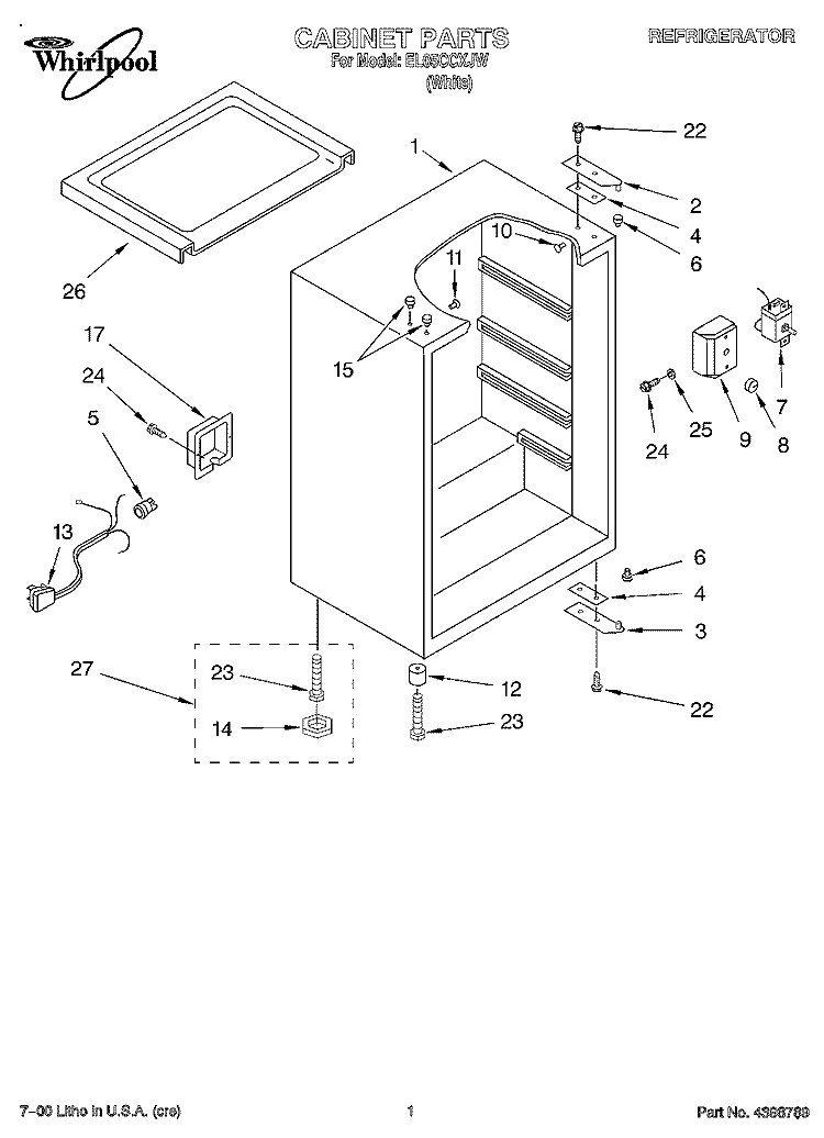 CABINET Diagram and Parts List for EL05CCXJW  Whirlpool Refrigerator