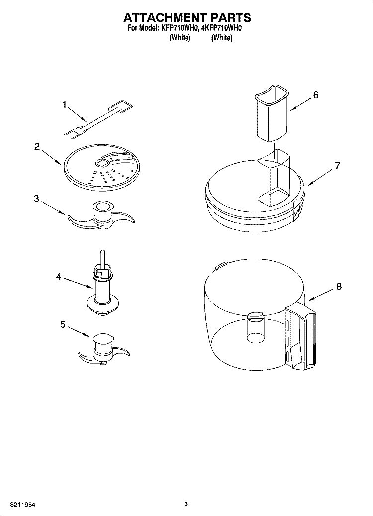 ATTACHMENT PARTS Diagram and Parts List for 4KFP710WH0  Whirlpool Food Processor
