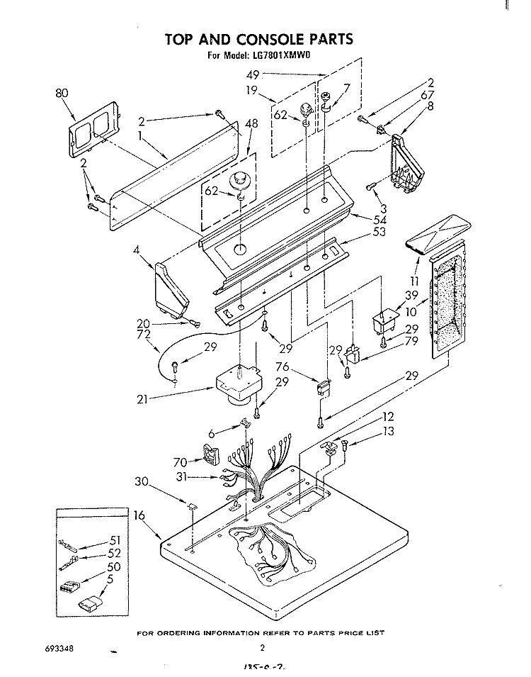 TOP AND CONSOLE , LITERATURE AND OPTIONAL Diagram and Parts List for LG7801XMW0  Whirlpool Dryer