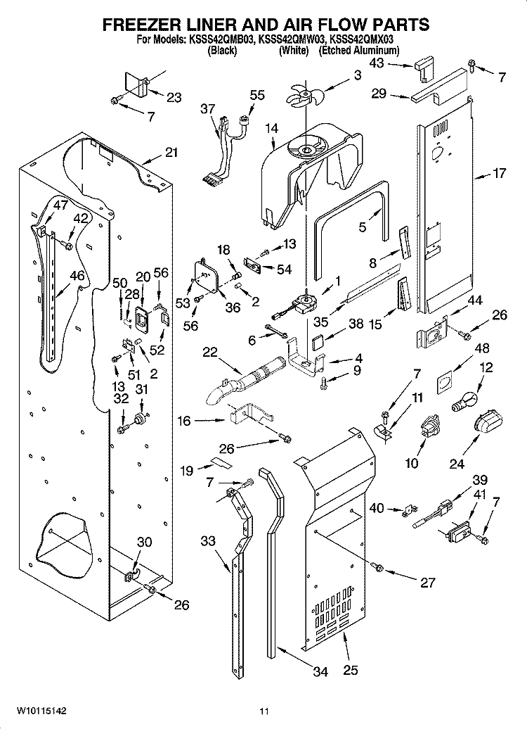 FREEZER LINER AND AIR FLOW PARTS Diagram and Parts List for KSSS42QMW03  KitchenAid Refrigerator