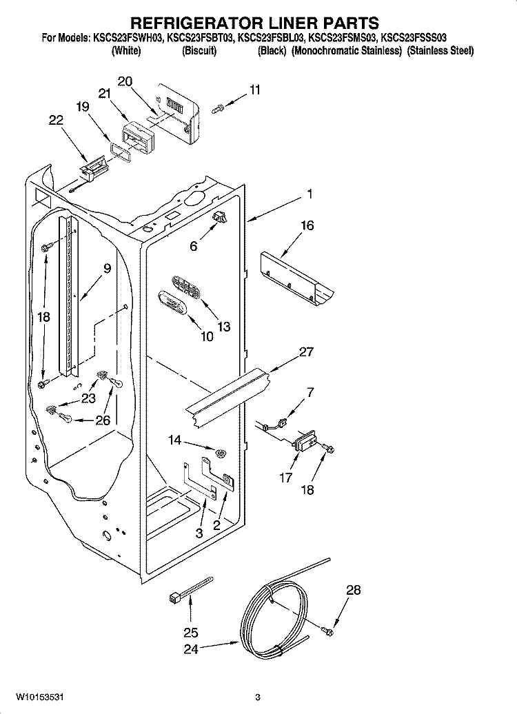 REFRIGERATOR LINER PARTS Diagram and Parts List for KSCS23FSBT03  KitchenAid Refrigerator