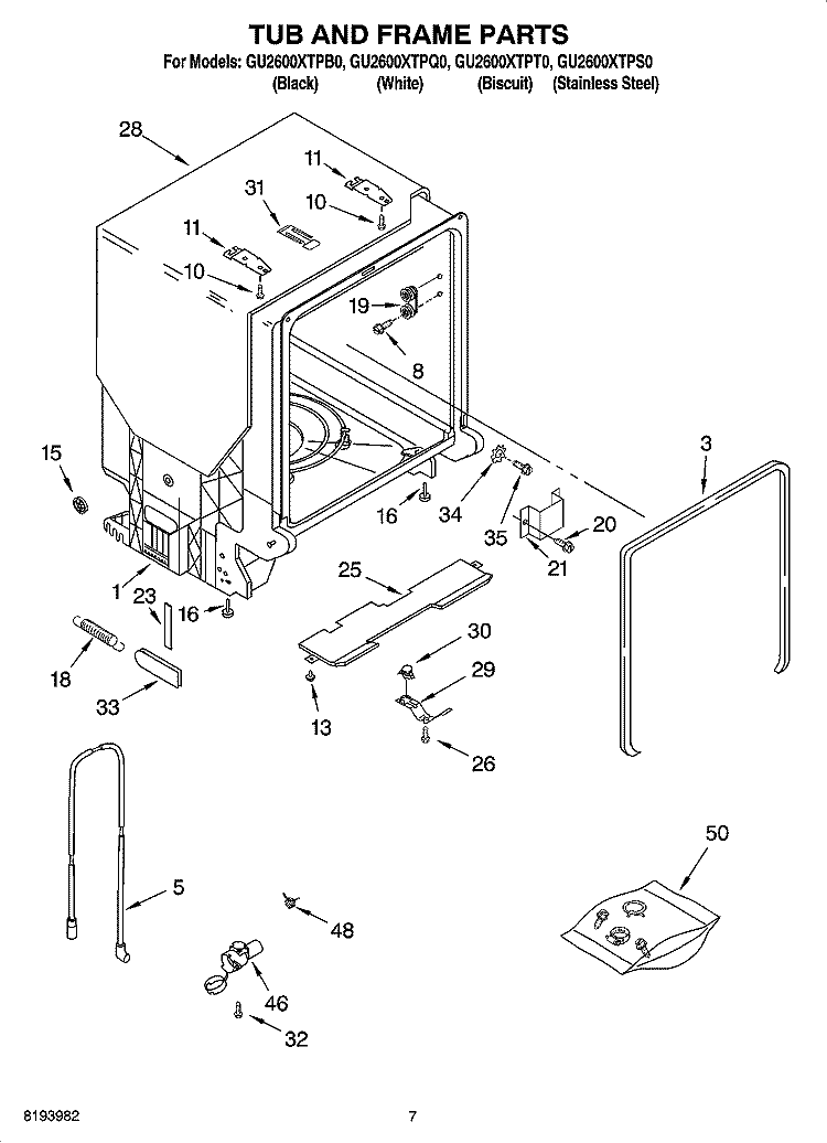 TUB AND FRAME PARTS Diagram and Parts List for GU2600XTPQ0  Whirlpool Dishwasher