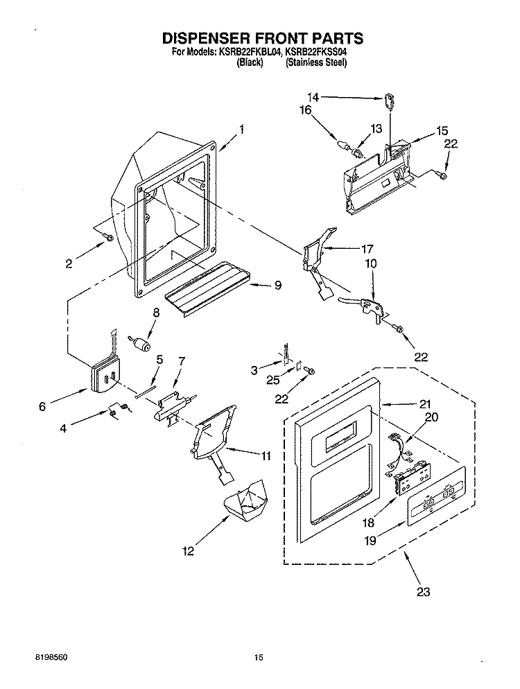 DISPENSER FRONT PARTS Diagram and Parts List for KSRB22FKSS04  KitchenAid Refrigerator