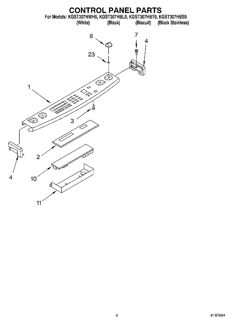 CONTROL PANEL Diagram and Parts List for KGST307HBT9  KitchenAid Range