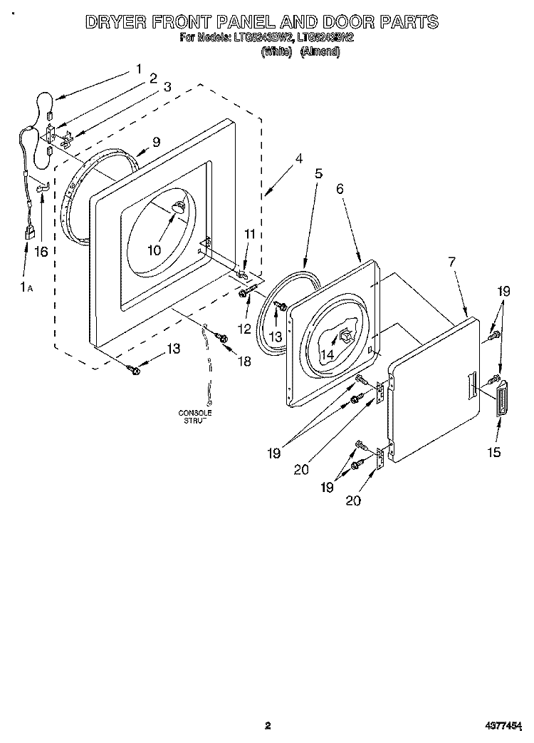 DRYER FRONT PANEL AND DOOR Diagram and Parts List for LTG5243BN2  Whirlpool Washer Dryer Combo