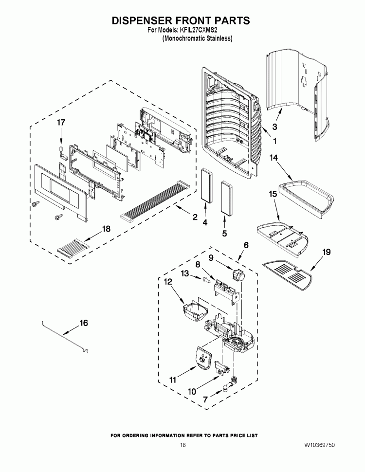 DISPENSER FRONT PARTS Diagram and Parts List for KFIL27CXMS2  KitchenAid Refrigerator
