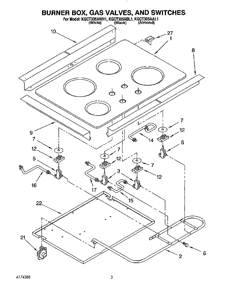 BURNER BOX, GAS VALVES, AND SWITCHES Diagram and Parts List for KGCT305ABL1  KitchenAid Cooktop