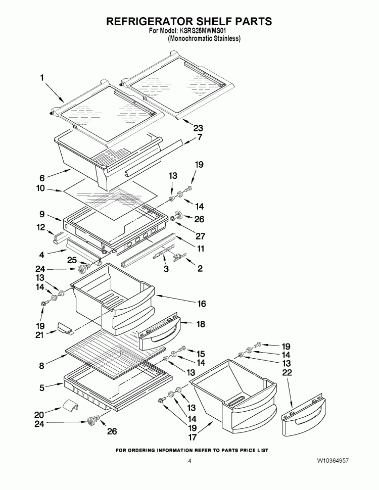 REFRIGERATOR SHELF PARTS Diagram and Parts List for KSRS25MWMS01  KitchenAid Refrigerator