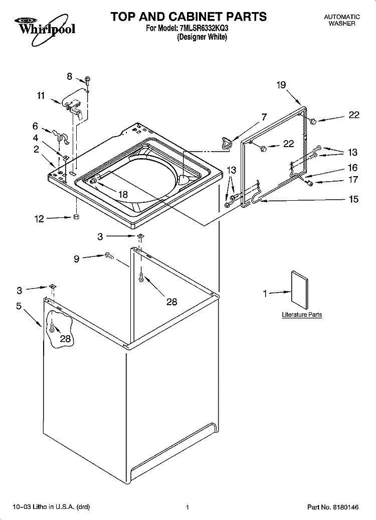 TOP AND CABINET PARTS Diagram and Parts List for 7MLSR6332KQ3  Whirlpool Washer