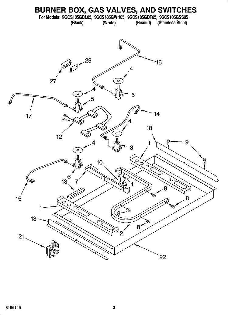 BURNER BOX, GAS VALVES, AND SWITCHES Diagram and Parts List for KGCS105GSS05  KitchenAid Cooktop