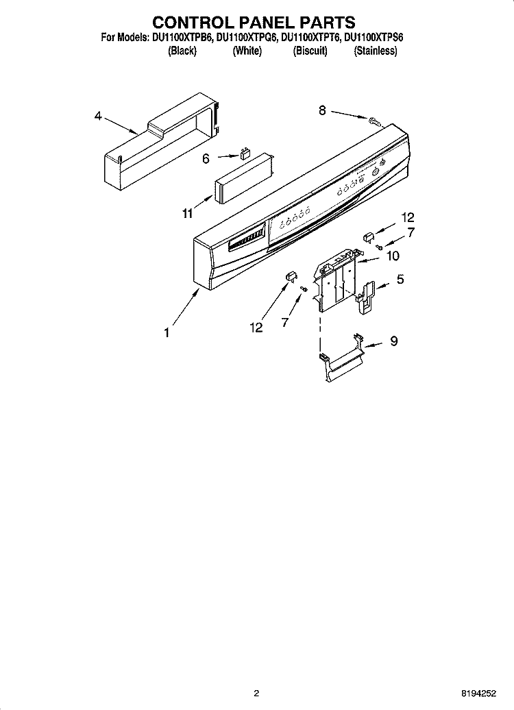 CONTROL PANEL PARTS Diagram and Parts List for DU1100XTPB6  Whirlpool Dishwasher