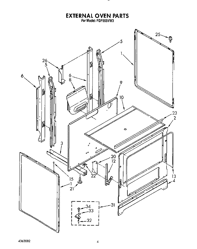 EXTERNAL OVEN Diagram and Parts List for FGP355VW3  Roper Range