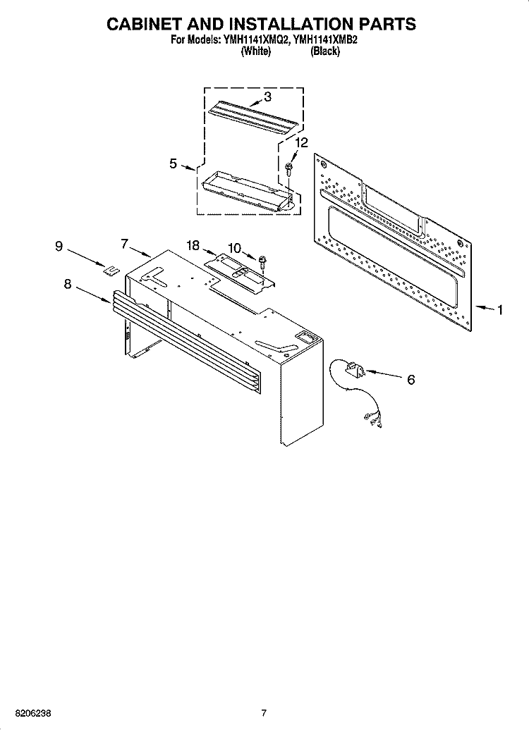 CABINET AND INSTALLATION PARTS Diagram and Parts List for YMH1141XMB2  Whirlpool Microwave