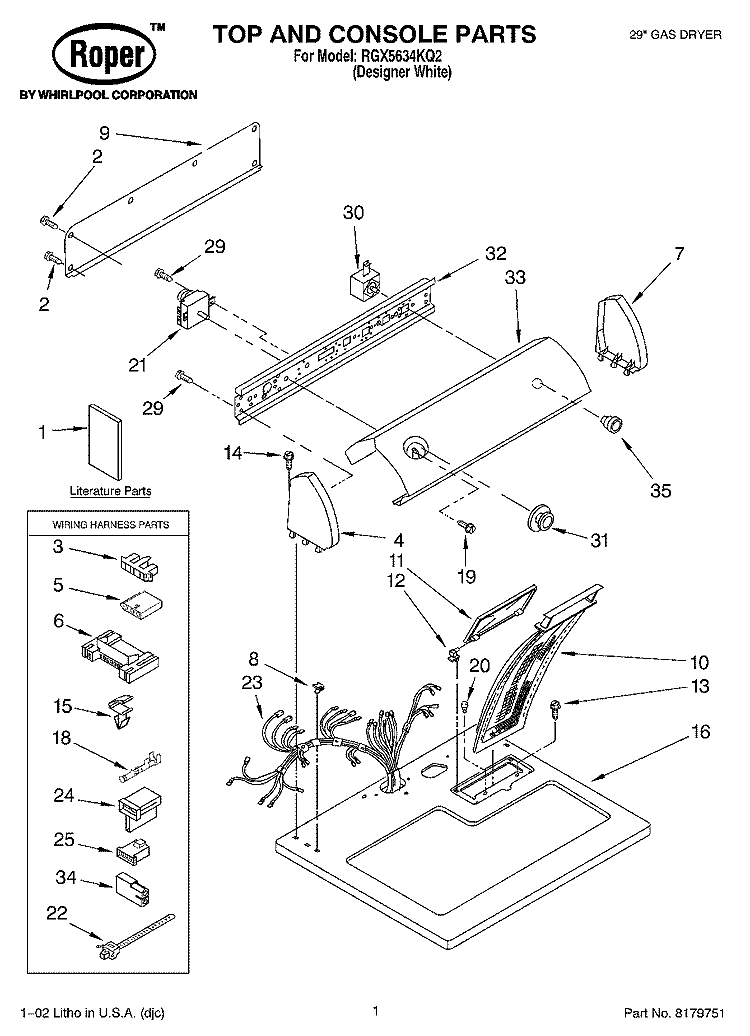 TOP AND CONSOLE, LIT/OPTIONAL Diagram and Parts List for RGX5634KQ2  Roper Dryer