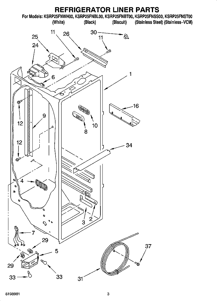 REFRIGERATOR LINER PARTS Diagram and Parts List for KSRP25FNBT00  KitchenAid Refrigerator