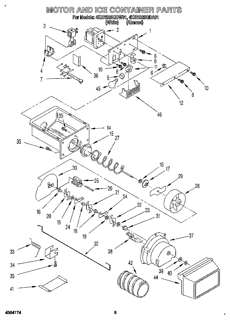 MOTOR AND ICE CONTAINER Diagram and Parts List for 4KSRS25QDW01  KitchenAid Refrigerator