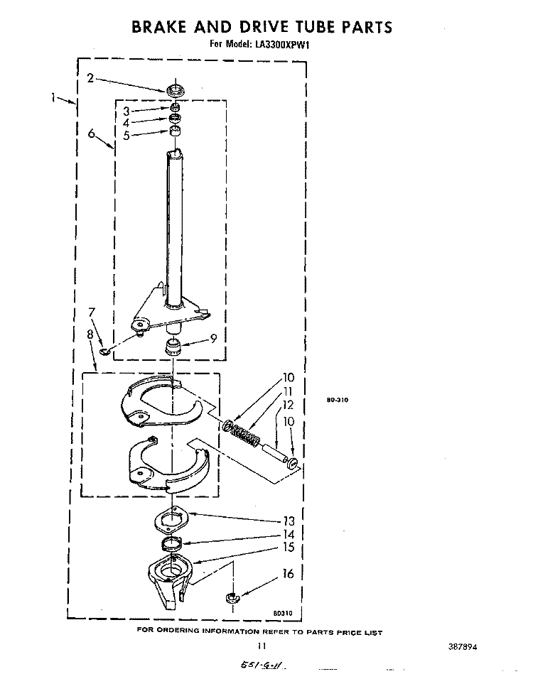 BRAKE AND DRIVE TUBE Diagram and Parts List for LA3300XPW1  Whirlpool Washer