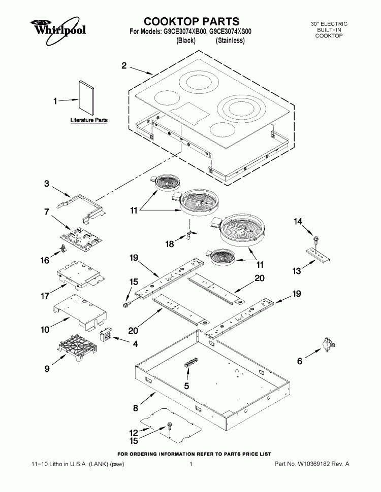 COOKTOP PARTS Diagram and Parts List for G9CE3074XS00  Whirlpool Cooktop