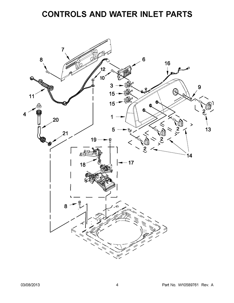 CONTROLS AND WATER INLET PARTS Diagram and Parts List for 7MWTW1705BQ0  Whirlpool Washer