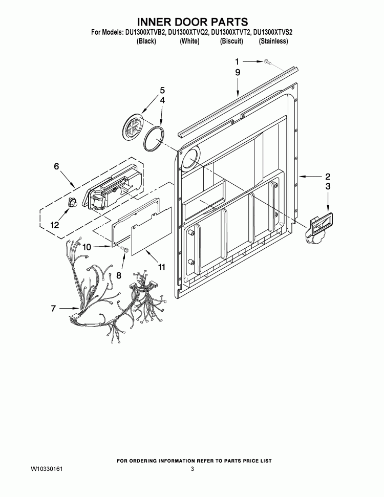 INNER DOOR PARTS Diagram and Parts List for DU1300XTVQ2  Whirlpool Dishwasher