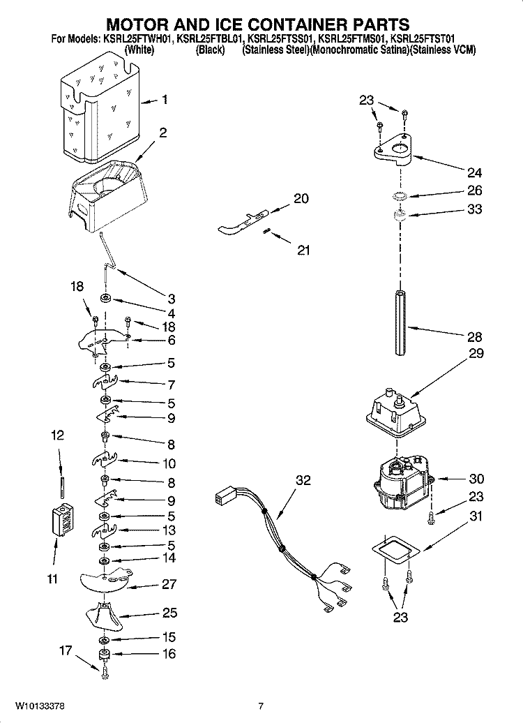 MOTOR AND ICE CONTAINER PARTS Diagram and Parts List for KSRL25FTSS01  KitchenAid Refrigerator