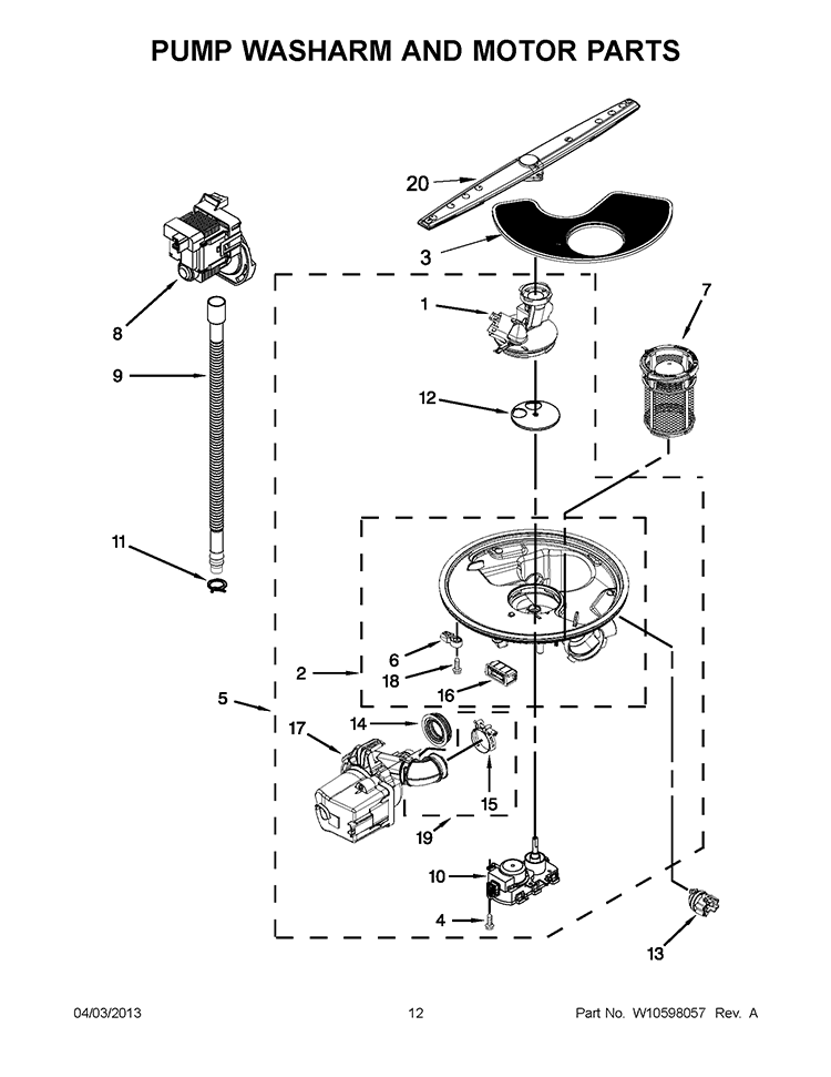PUMP WASHARM AND MOTOR PARTS Diagram and Parts List for WDF730PAYM5  Whirlpool Dishwasher