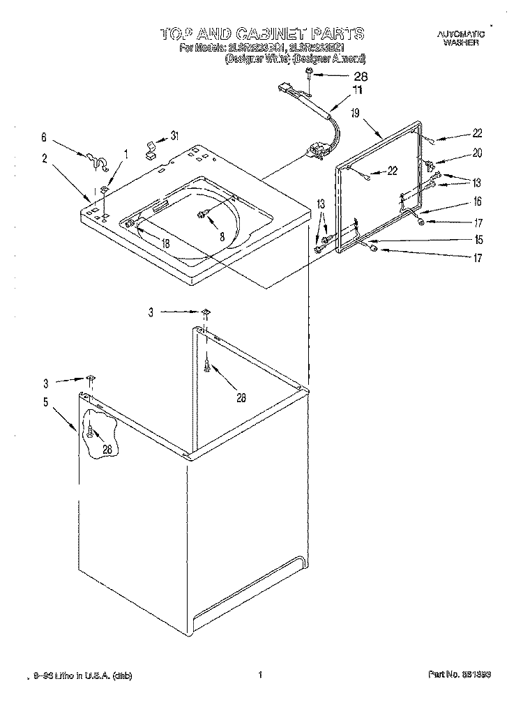 TOP AND CABINET Diagram and Parts List for 2LSR5233BZ1  Whirlpool Washer