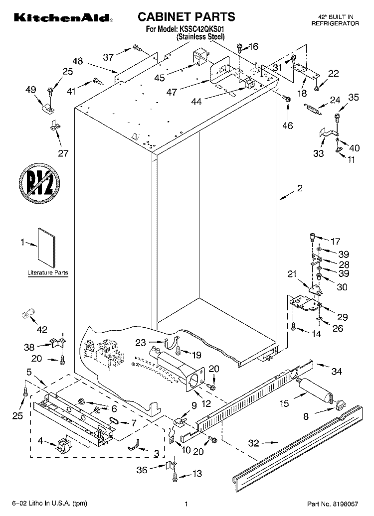 CABINET, LITERATURE Diagram and Parts List for KSSC42QKS01  KitchenAid Refrigerator