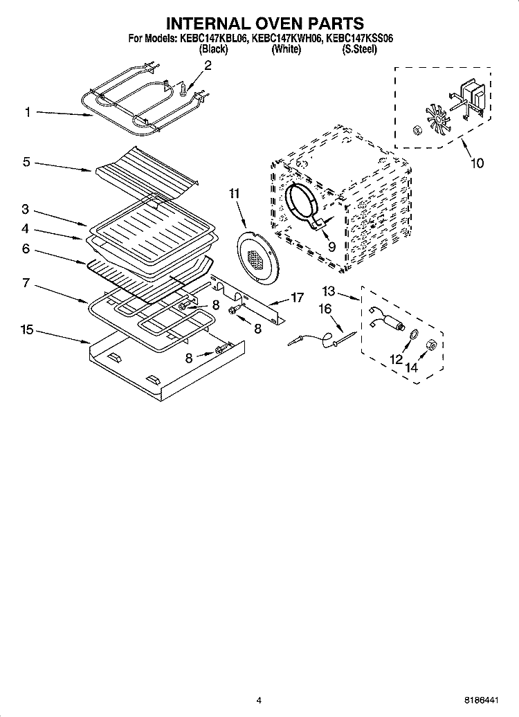 INTERNAL OVEN PARTS Diagram and Parts List for KEBC147KWH06  KitchenAid Wall Oven