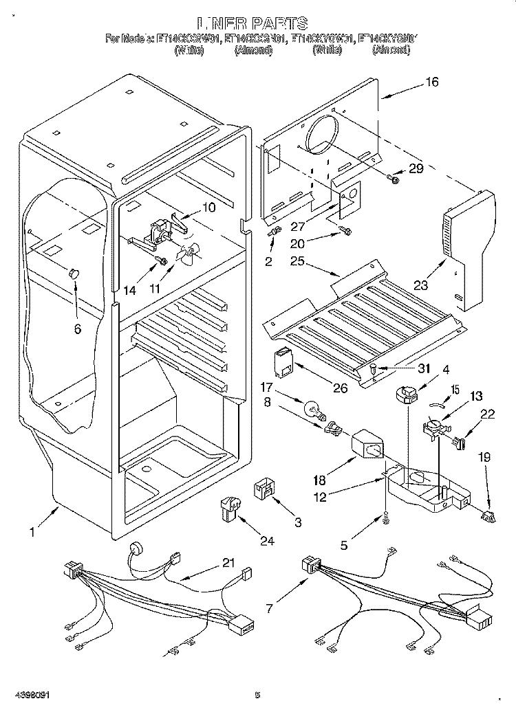 LINER Diagram and Parts List for ET14CKYGN01  Whirlpool Refrigerator