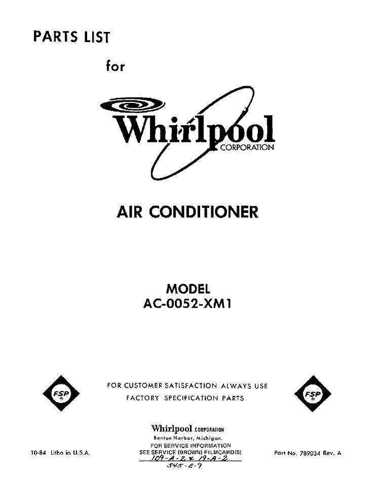 SECTION Diagram and Parts List for AC0052XM1  Whirlpool Air Conditioner