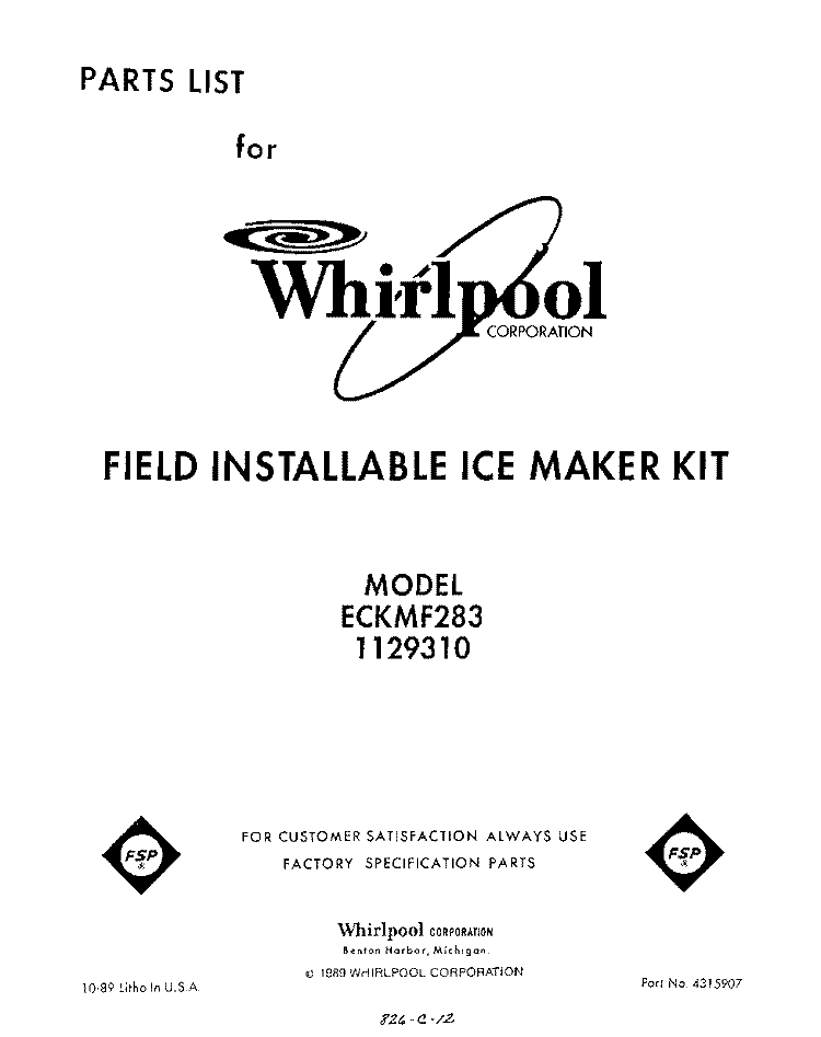 SECTION Diagram and Parts List for ECKMF283  Whirlpool Ice Maker