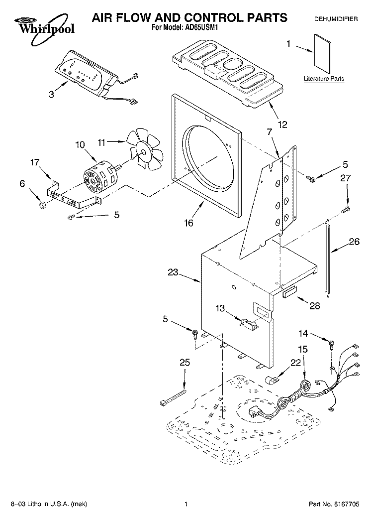 AIR FLOW AND CONTROL PARTS Diagram and Parts List for AD65USM1  Whirlpool Dehumidifier