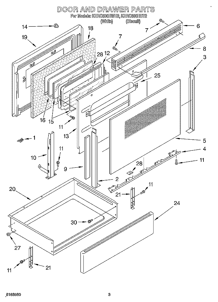 DOOR AND DRAWER Diagram and Parts List for KERC500HWH2  KitchenAid Range