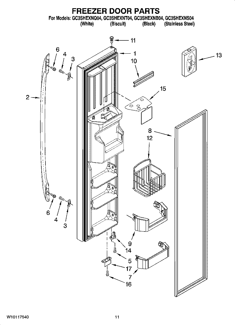 FREEZER DOOR PARTS Diagram and Parts List for GC3SHEXNQ04  Whirlpool Refrigerator
