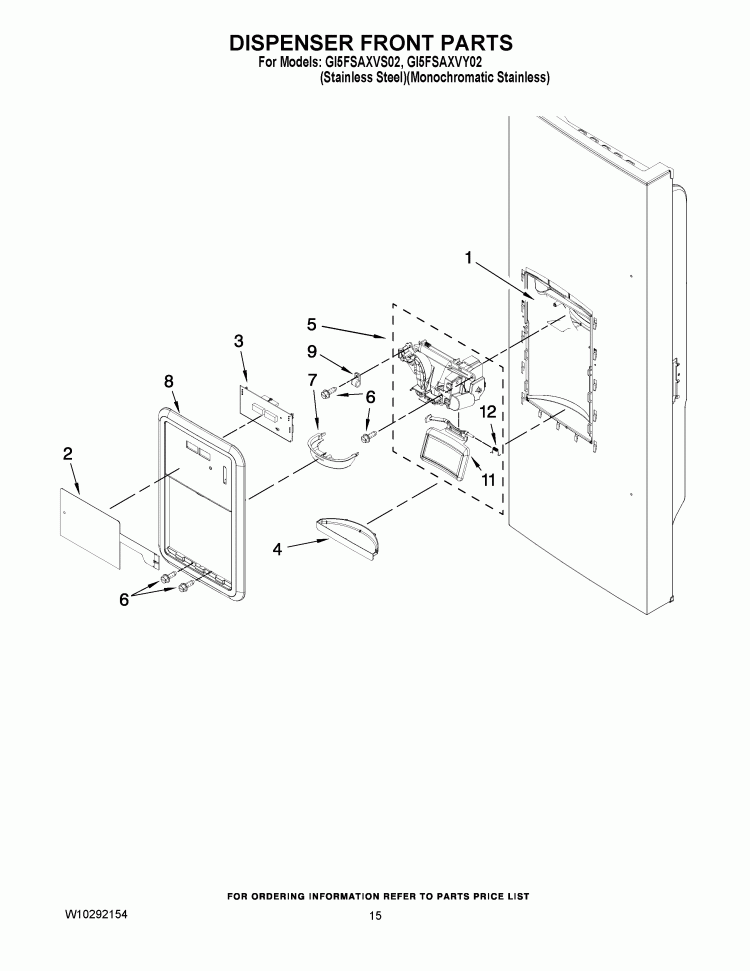DISPENSER FRONT PARTS Diagram and Parts List for GI5FSAXVY02  Whirlpool Refrigerator