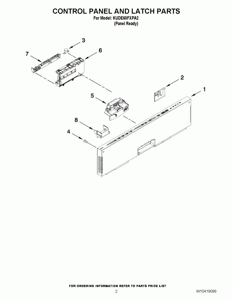 CONTROL PANEL AND LATCH PARTS Diagram and Parts List for KUDE60FXPA2  KitchenAid Dishwasher