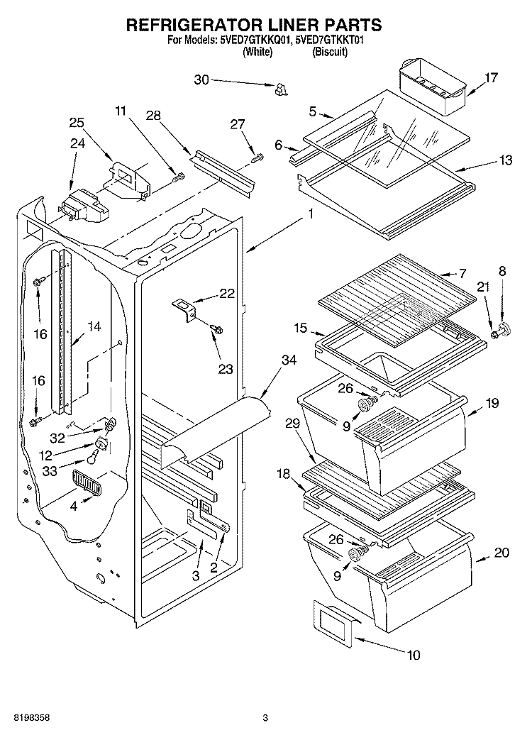 REFRIGERATOR LINER PARTS Diagram and Parts List for 5VED7GTKKQ01  Whirlpool Refrigerator