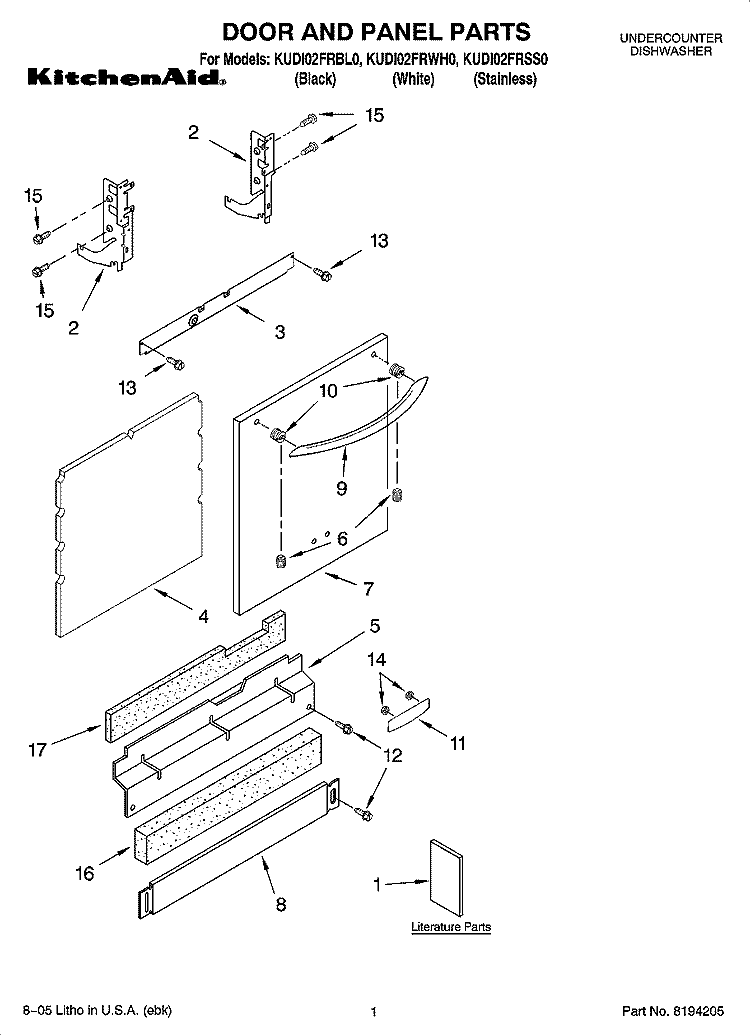 DOOR AND PANEL PARTS Diagram and Parts List for KUDI02FRSS0  KitchenAid Dishwasher