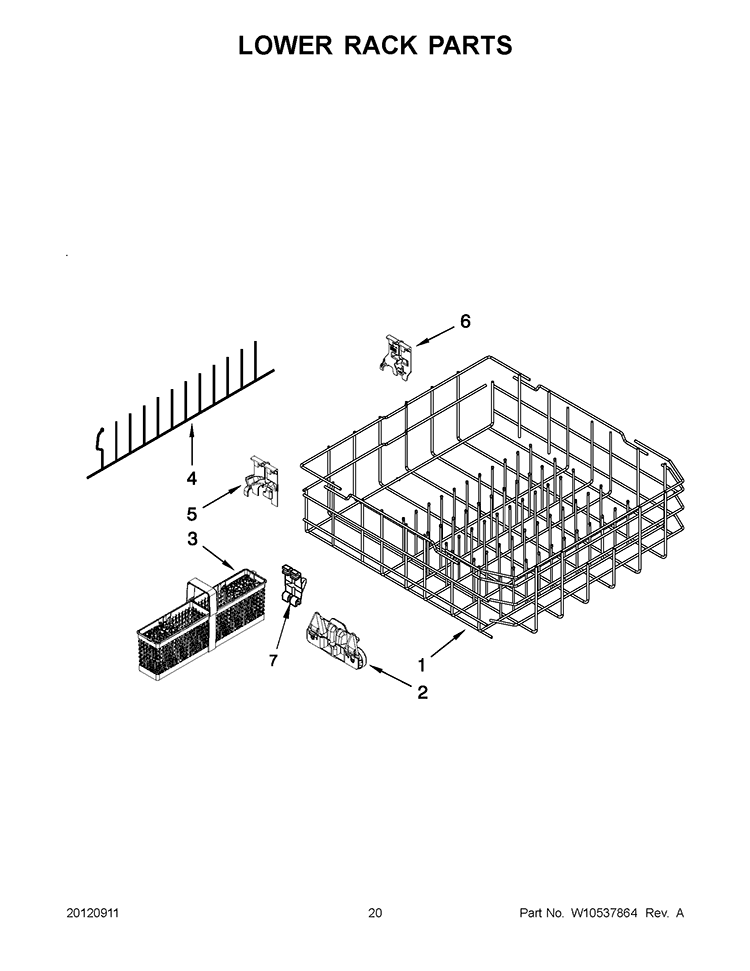 LOWER RACK PARTS Diagram and Parts List for KUDS30IBWH0  KitchenAid Dishwasher