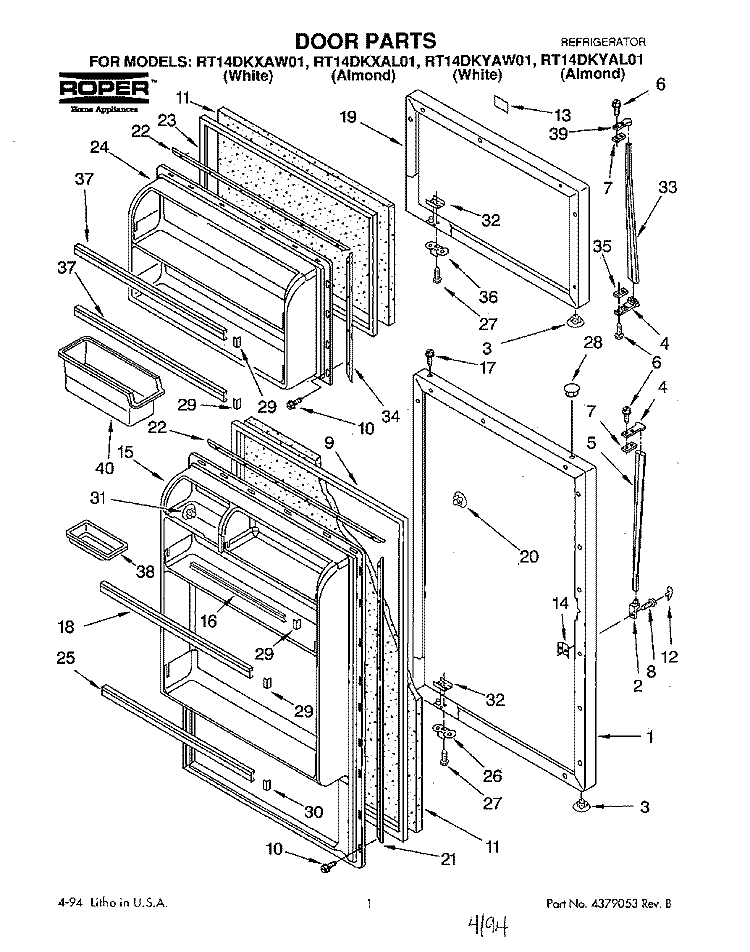 DOOR Diagram and Parts List for RT14DKYAL01  Roper Refrigerator