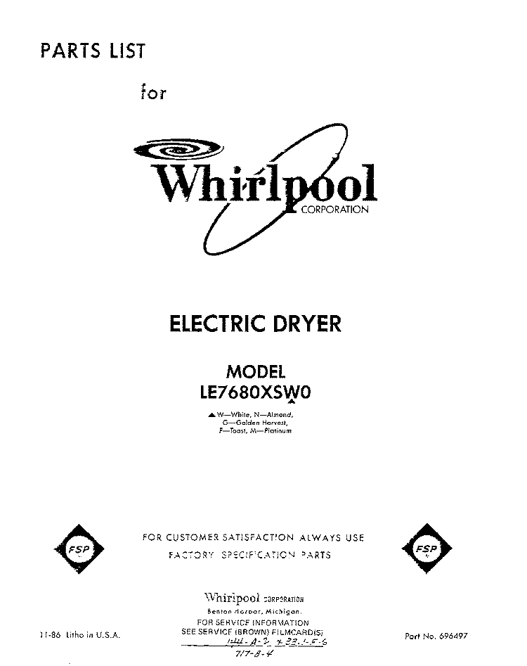 SECTION Diagram and Parts List for LE7680XSW0  Whirlpool Dryer