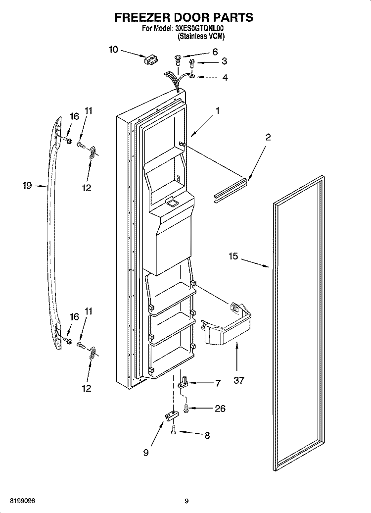 FREEZER DOOR PARTS Diagram and Parts List for 3XES0GTQNL00  Whirlpool Refrigerator